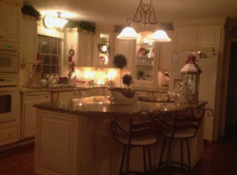 My actual kitchen, decorated and lit up for the holidays