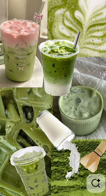 Matcha drinks and matcha powder collage